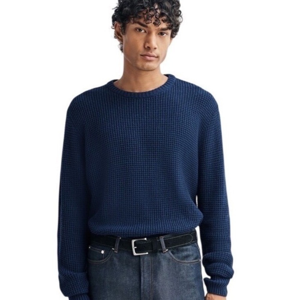 FOLK Waffle Knit Sweater Mens Navy Crewneck Textured Size 2 ( US S) Minimalist